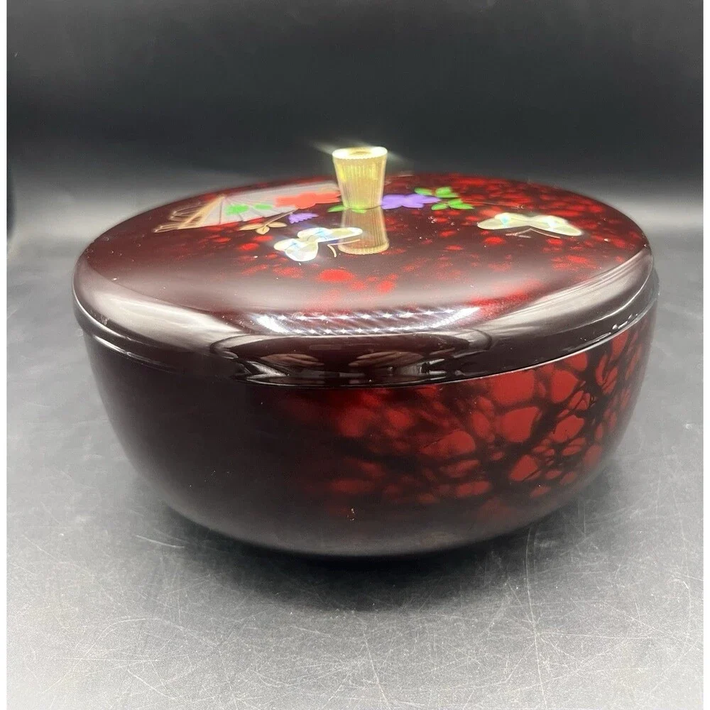 Vintage ONO Japanese Lacquer Style Jewelry Trinket Box Red Floral Fan Made Japan